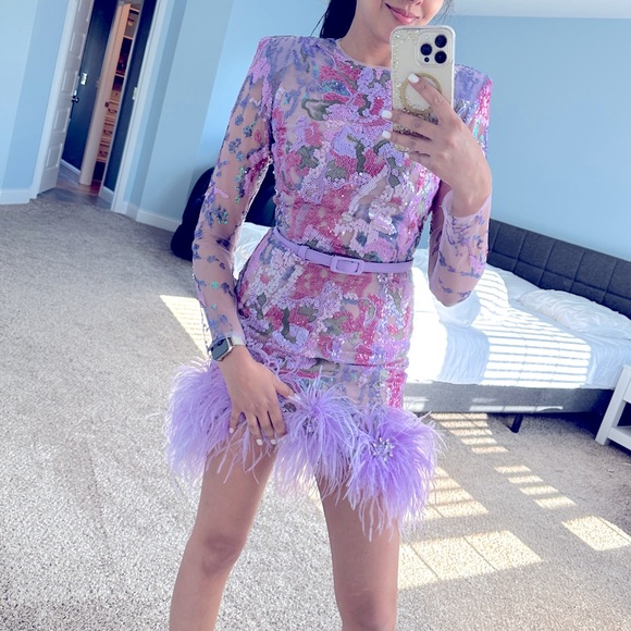 Nadine merabi esme isla feather lilac purple dress sequins XS kentucky derby - Picture 6 of 6